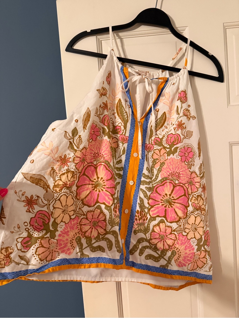 Skies Are Blue White Floral Halter Camisole with Pink & Gold Print